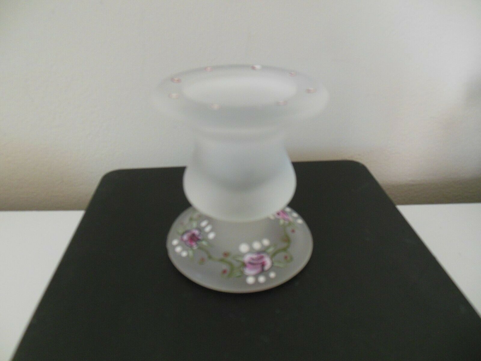 Frosted Short Candle Holder W/hand Painted Flowers And Dots Maker Unknown