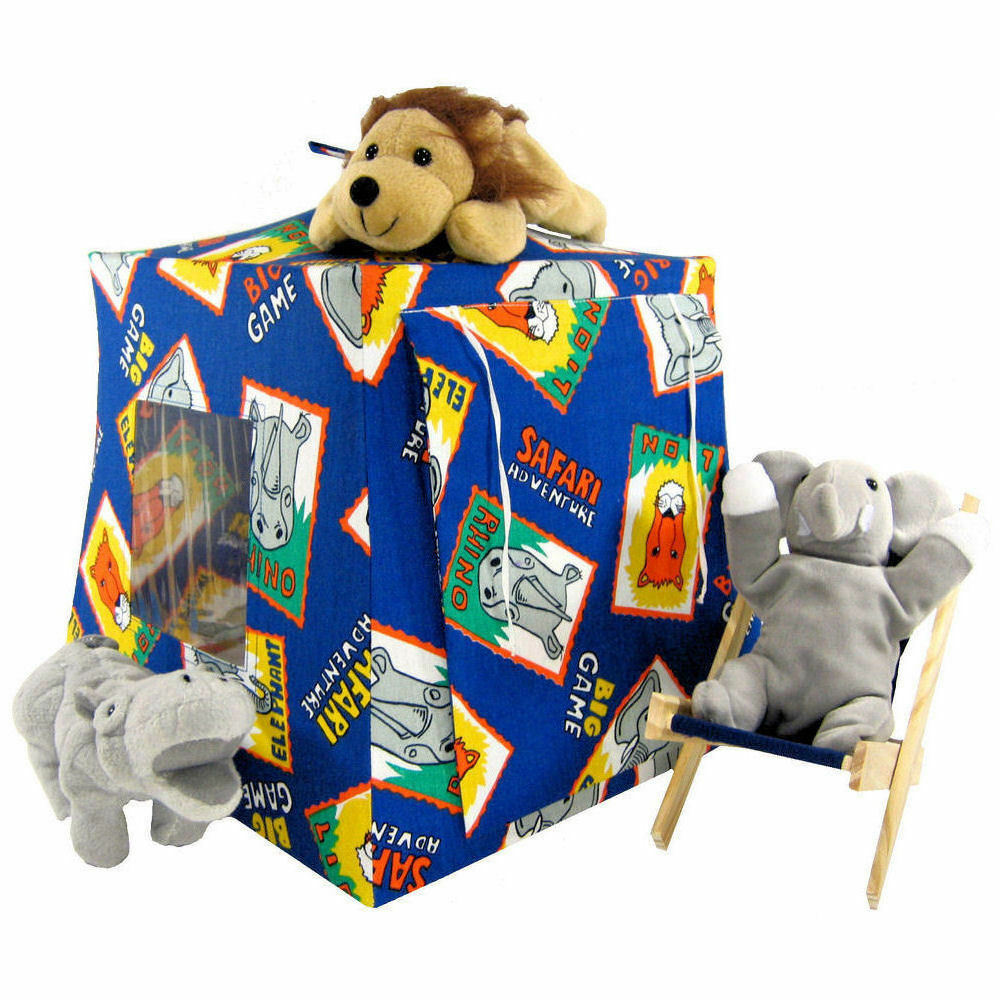 Blue, Safari Print Toy Play Folding Camping Tent, 2 Sleeping Bags, Handmade