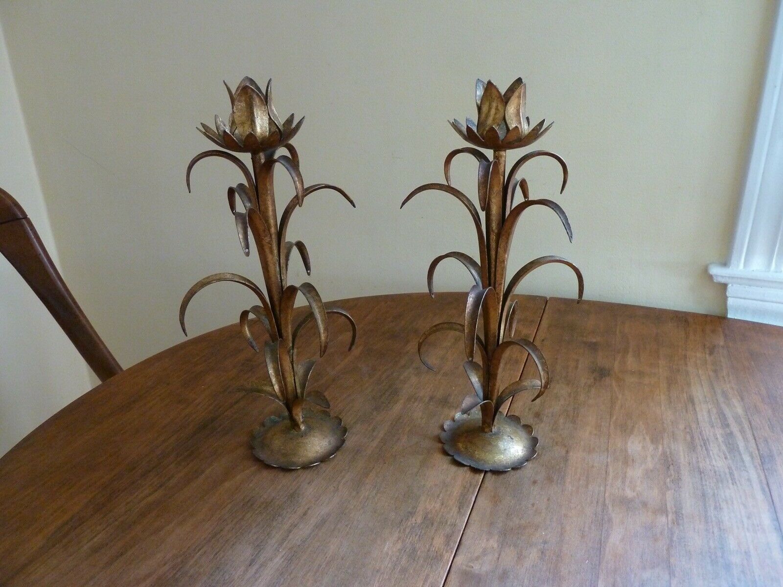 Pair Of Vintage Tole Italian Candlesticks Gilt Metal Tulip Tall Candlesticks Mcm