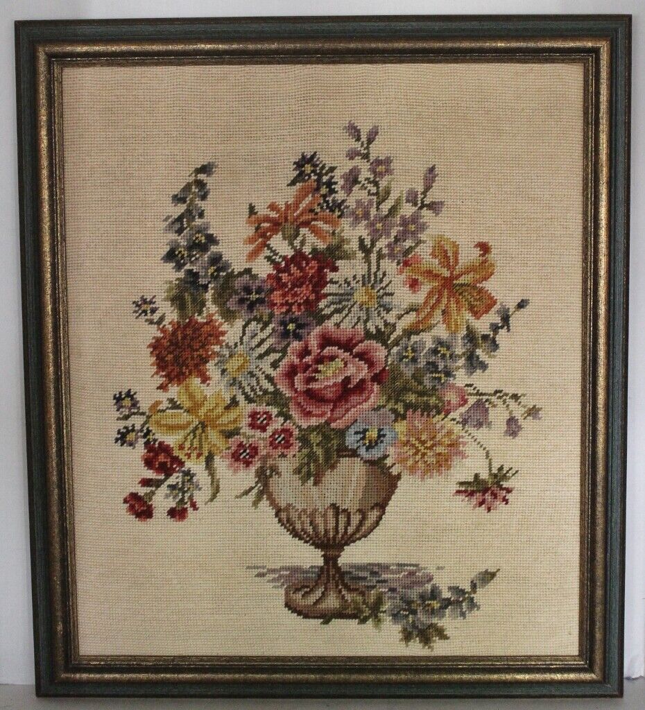 Vtg Handmade Crewel Floral Print-multi Color Flowers In Pedestal Vase-20x23 -euc