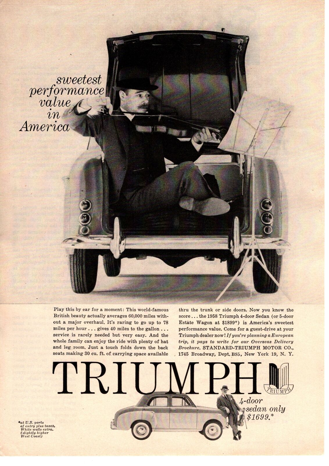 1958 Standard Triumph Motor Co. 4-door Sedan 5-door Estate Wagon Violin Print Ad