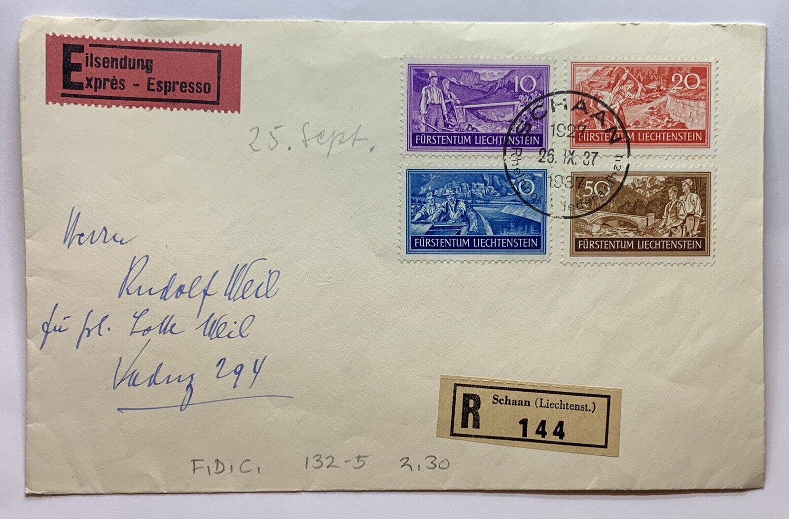 1937 Schaan Liechtenstein Registered Cover Sent To Vaduz