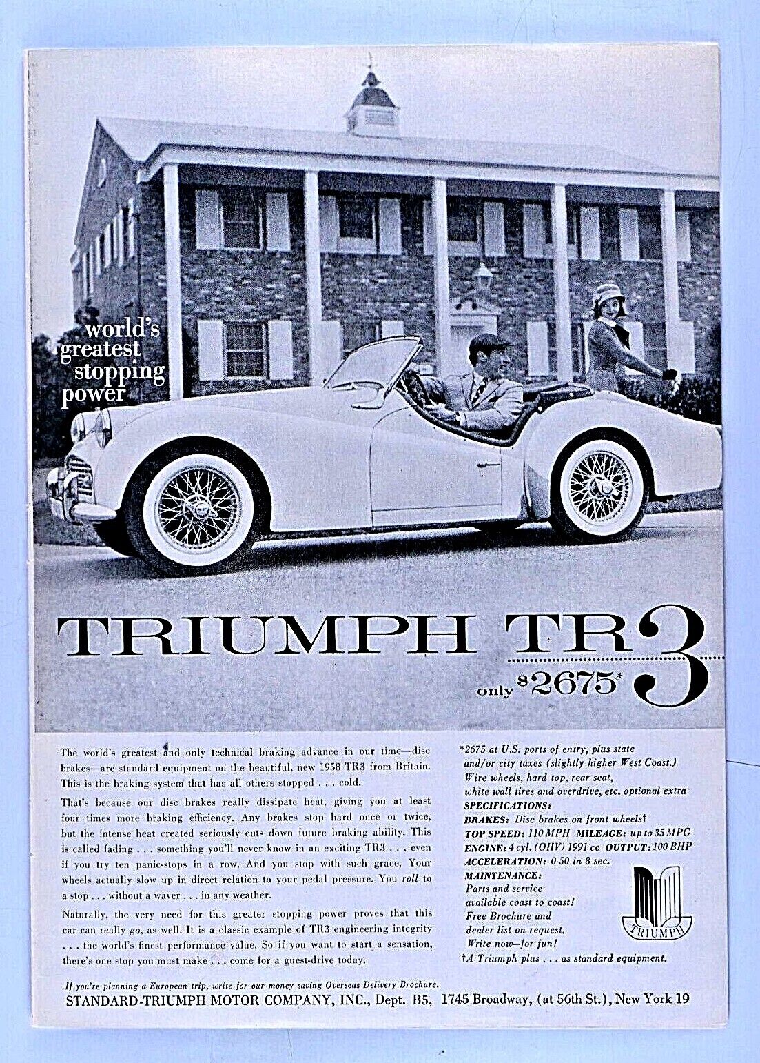 1958 Triumph Tr 3 Vintage Girl On Trunk Original Print Ad 8.5 X 11"
