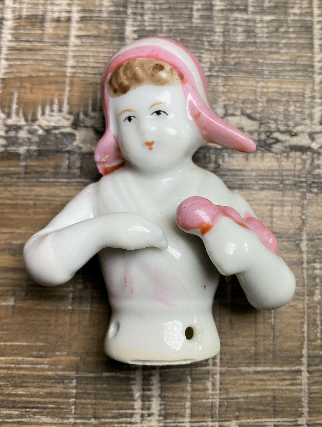 Dutch Girl Half Doll Pink Hat Vintage Porcelain Pincushion 2.5” Child