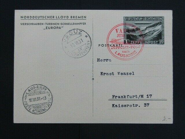 Nystamps Liechtenstein Old Stamp Used On Zeppelin Flight Postal Card G7y