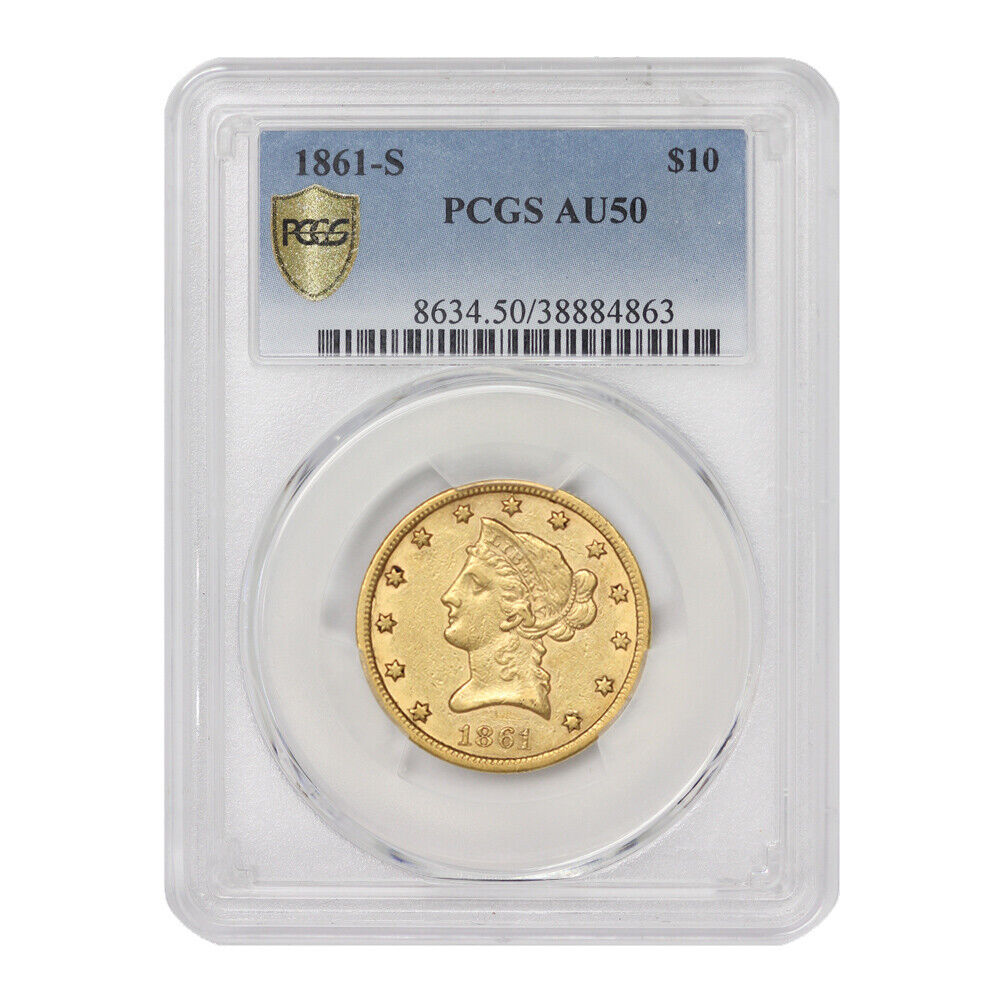1861-s $10 Gold Liberty Head Eagle Pcgs Au50 San Francisco Minted Rare Au Coin