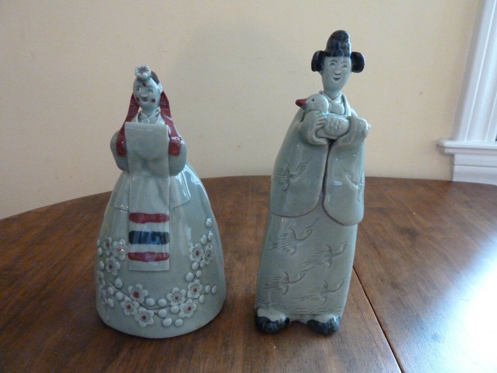 Signed Goryeo Korean Celadon Figurines- Bride Groom- Hanbok Dress-studio Pottery