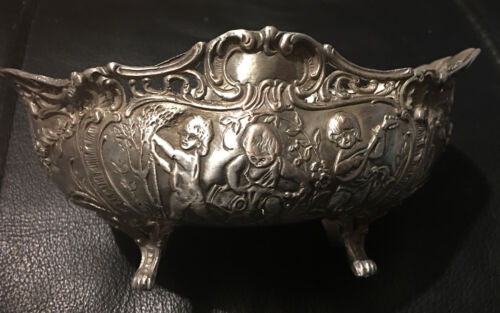Antique Silver Plate Candy Trinket Dish Cherubs @ Flowers 6.25 X 4 X 3 Inches