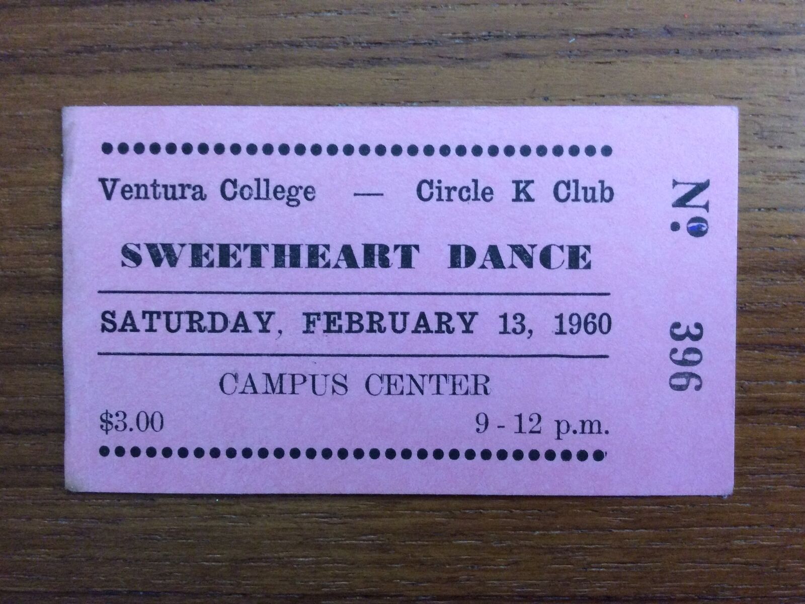 Vintage 1960 Ventura College Circle K Club Sweetheart Dance Ticket