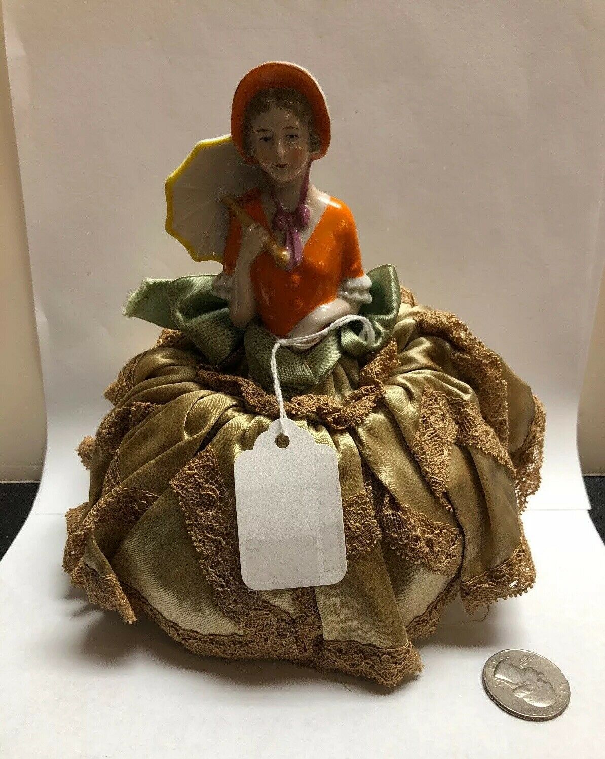 6” Antique German Porcelain Half 1/2 Doll Lady In Orange Parasol Pin Cushion #cc