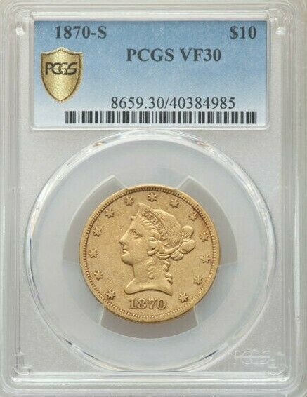1870-s Liberty $10 Gold Eagle >pcgs Vf30< Super Rare,80-100 Known >fast Shipping