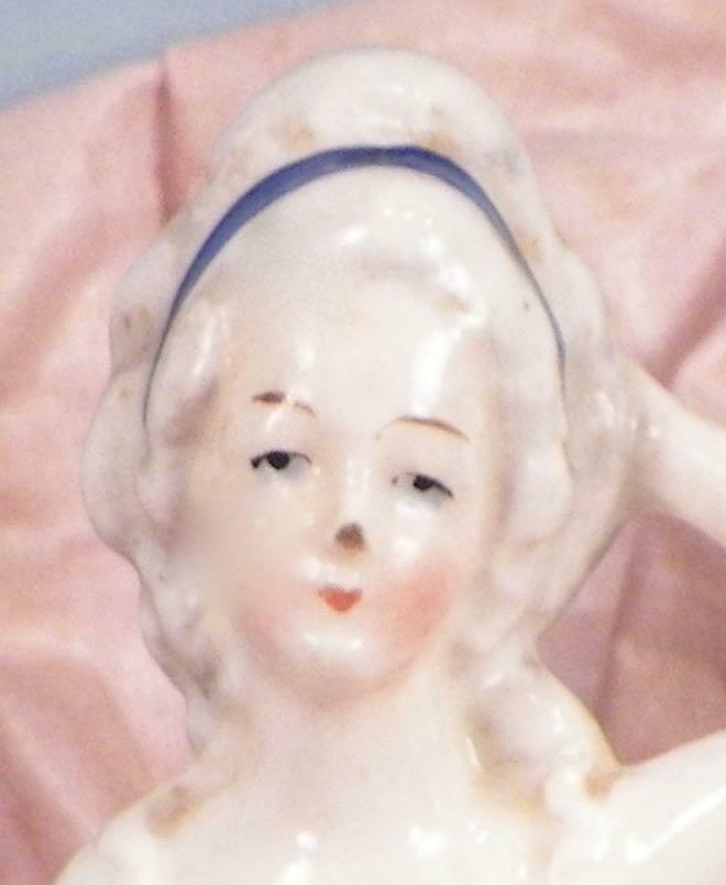 Porcelain Half Doll Colonial Lady Pink Pin Cushion Blue Vintage Vanity Accessory