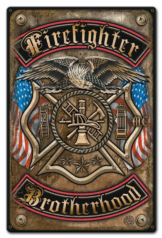 Firefighter Brotherhood Eagle U.s. Flags 18" Heavy Duty Usa Made Metal Adv Sign