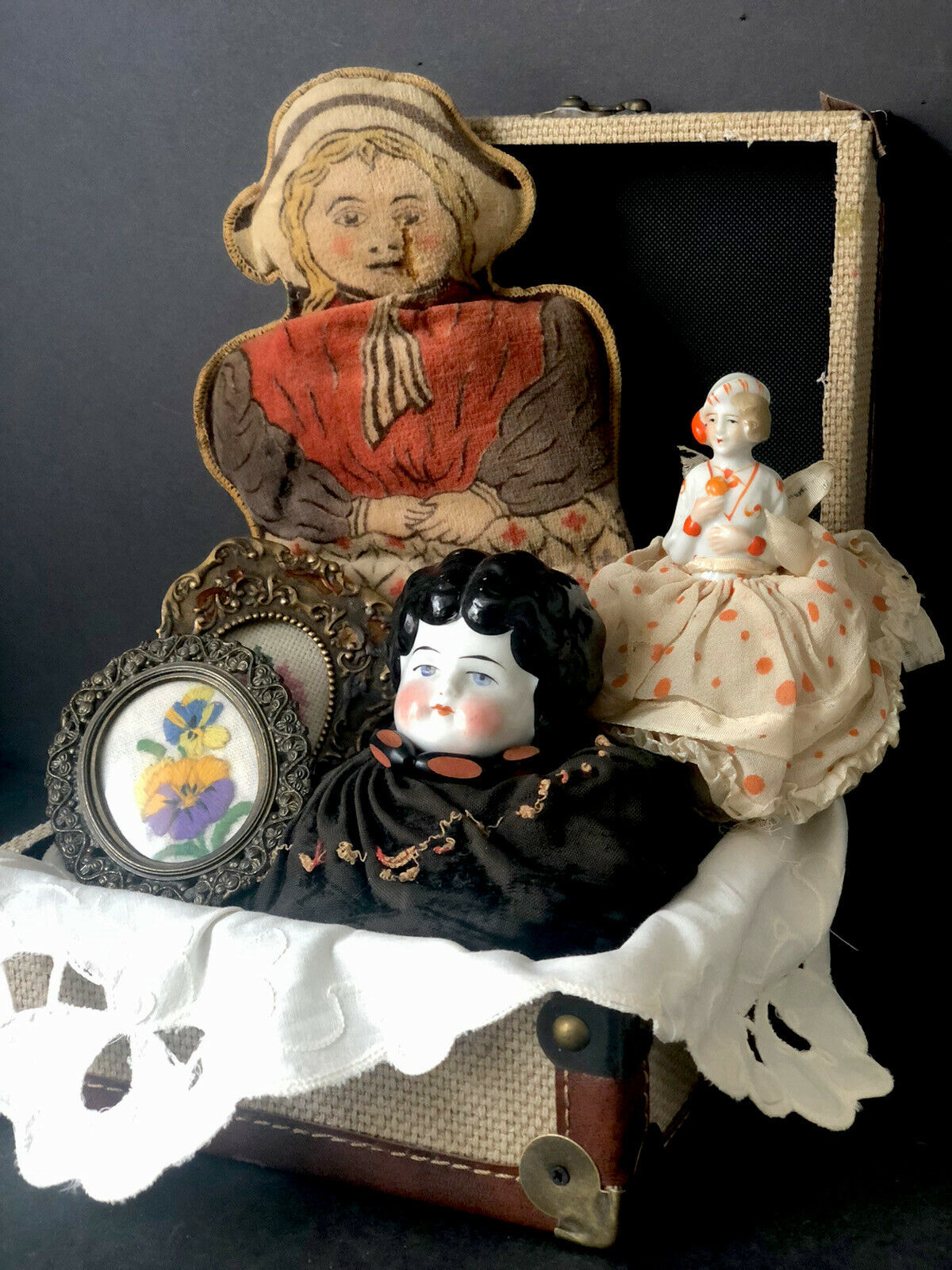 Treasure Chest With Antique/vintage Pin Cushion, China And Cloth Dolls