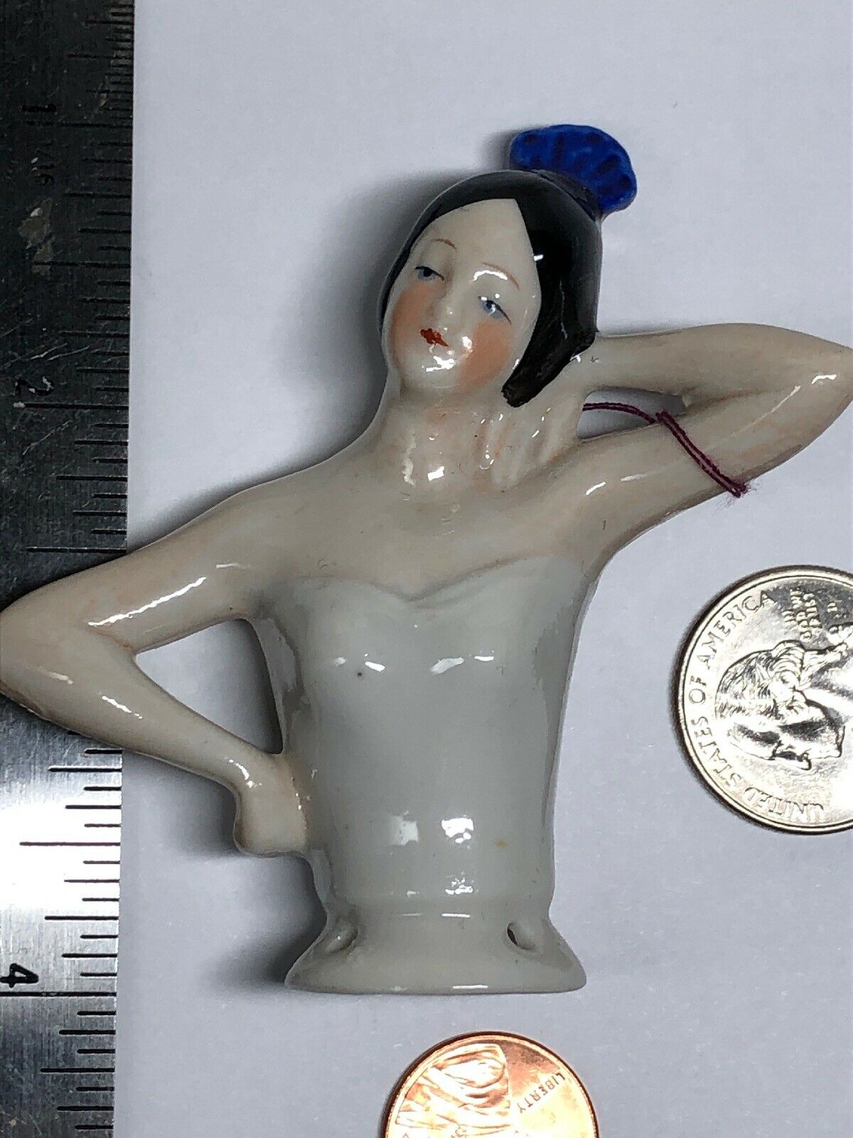 3” Antique German Porcelain Half 1/2 Doll Art Deco Flapper Lady Black Hair #x
