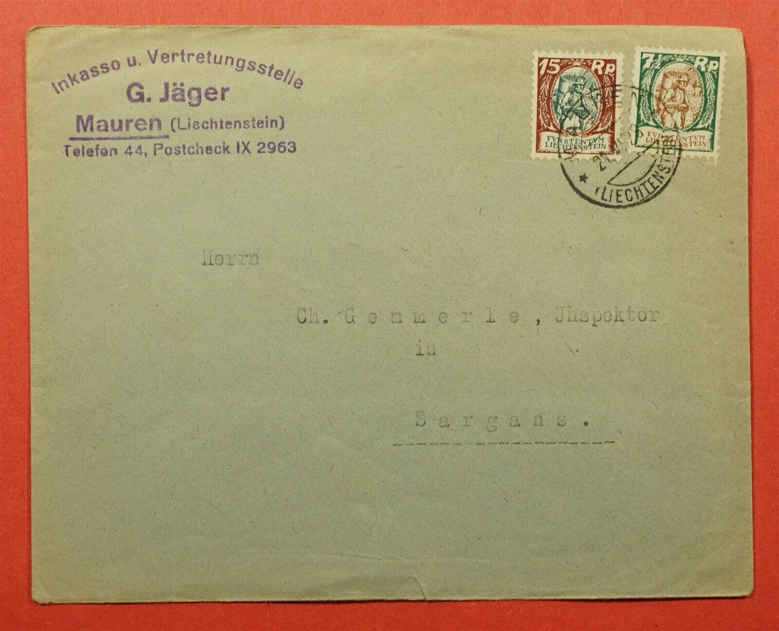 1928 Liechtenstein Mauren To Sargans Switzerland
