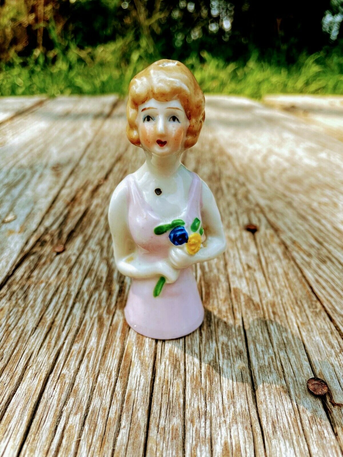 Antique Porcelain Half Doll With Flowers