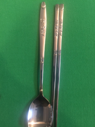 Korean Stainless Steel Chopsticks & Matching Spoon W/ Rose Design W/free Handmad