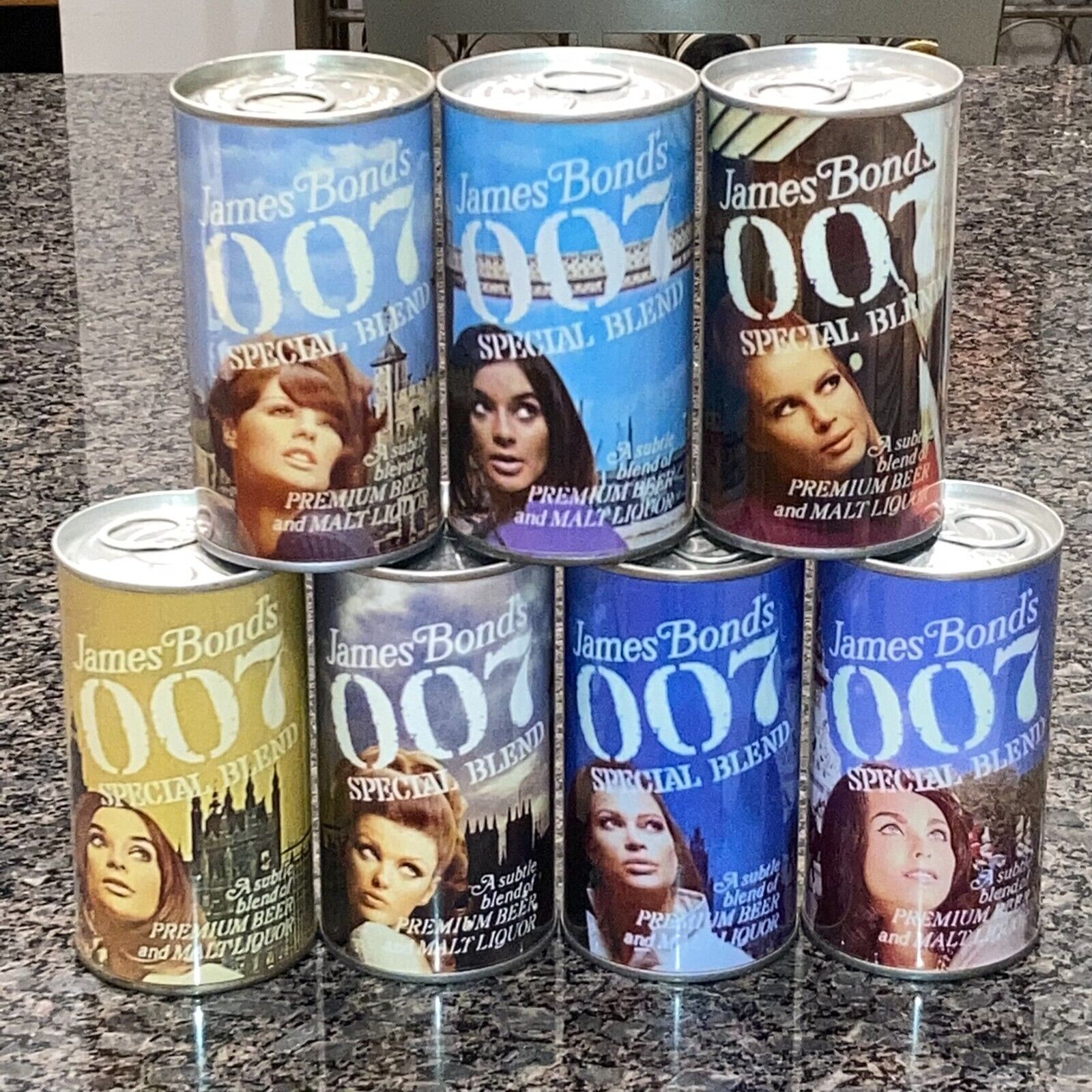James Bond 007 Novelty / Replica Beer Cans, Set Of 7, Paper Label