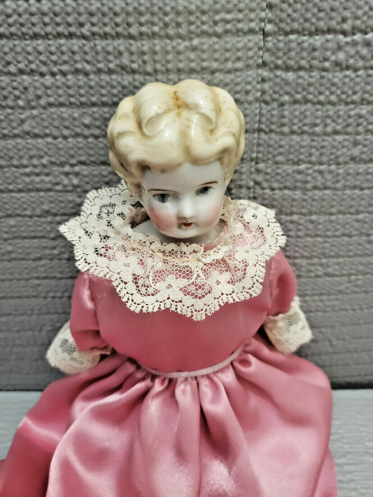 Antique Doll In Dress White Lace Porcelain Head  Both Feets Damaged