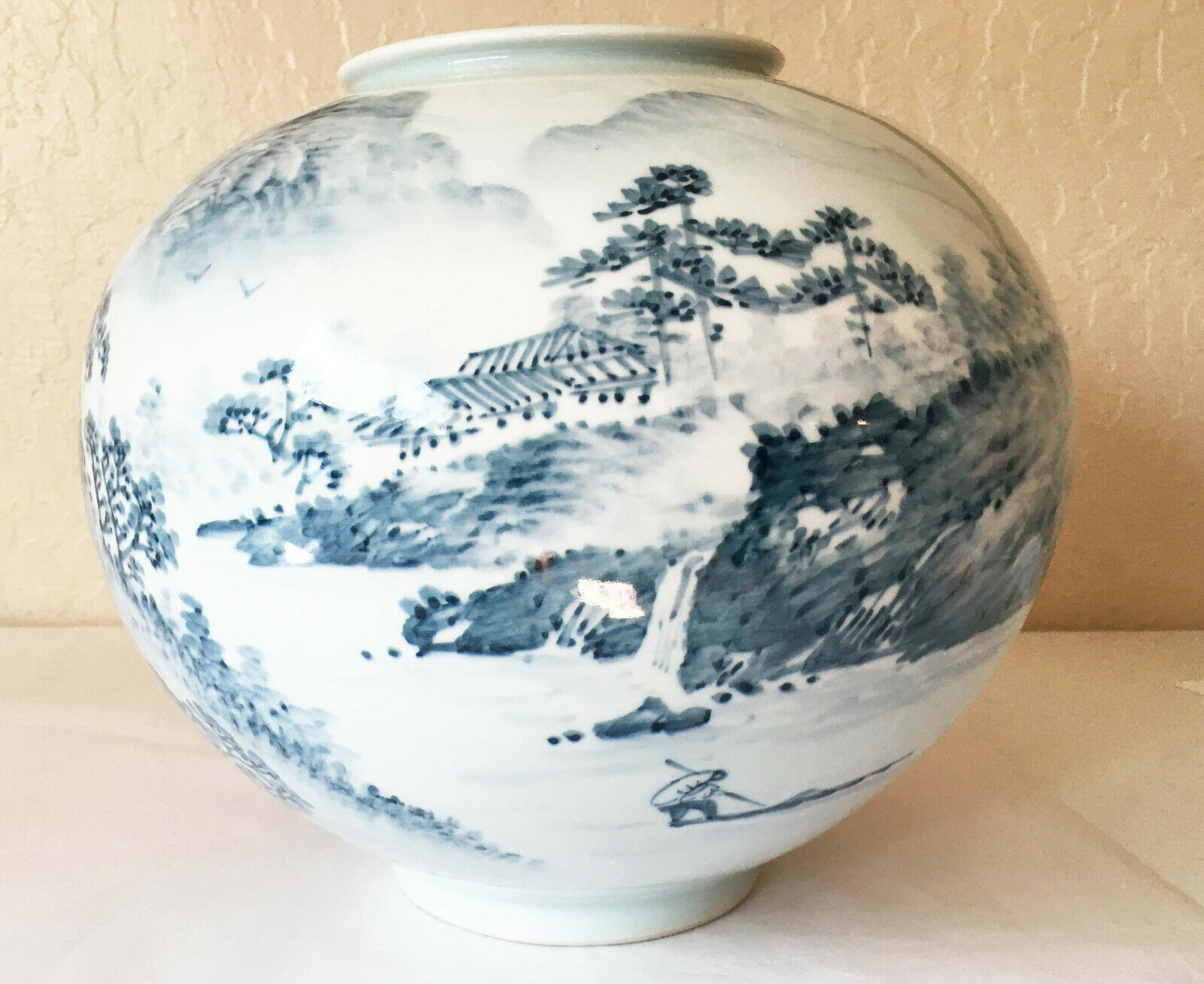Vintage 1988 Korea Studio Vase Glazed Hand Painted White Blue Korean Signed