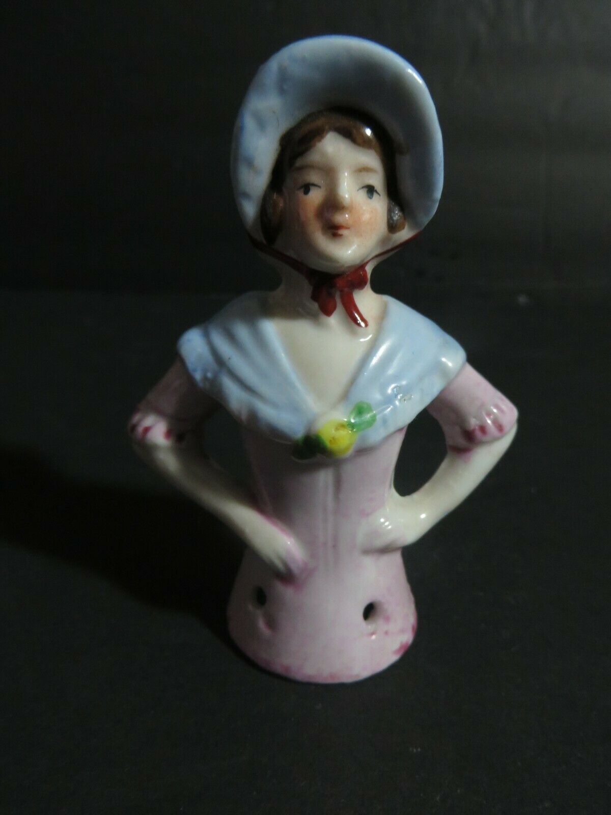 Antique 3 3/8" Japan Porcelain Half Doll Girl Pink Dress Blue Bonnet & Shawl