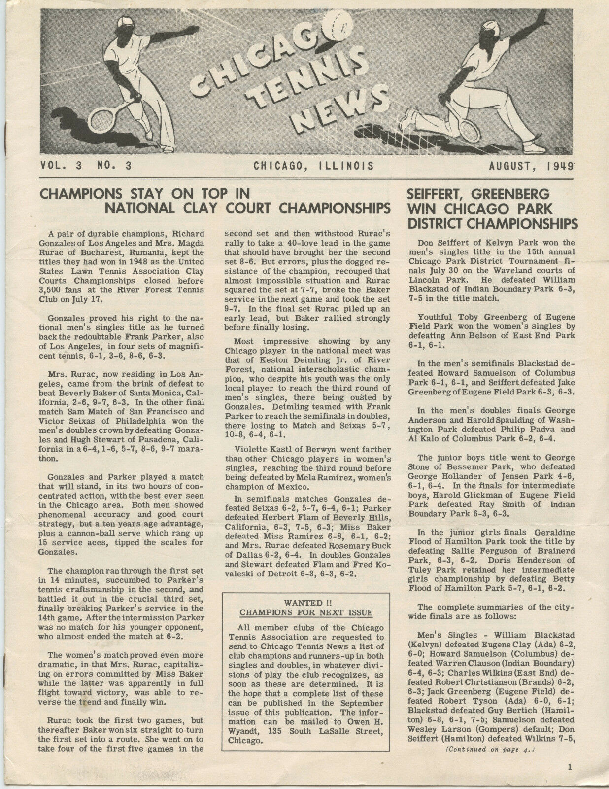 1949 "chicago Tennis News" Newsletter (8 Pages, Great Articles & Ads, Nice)