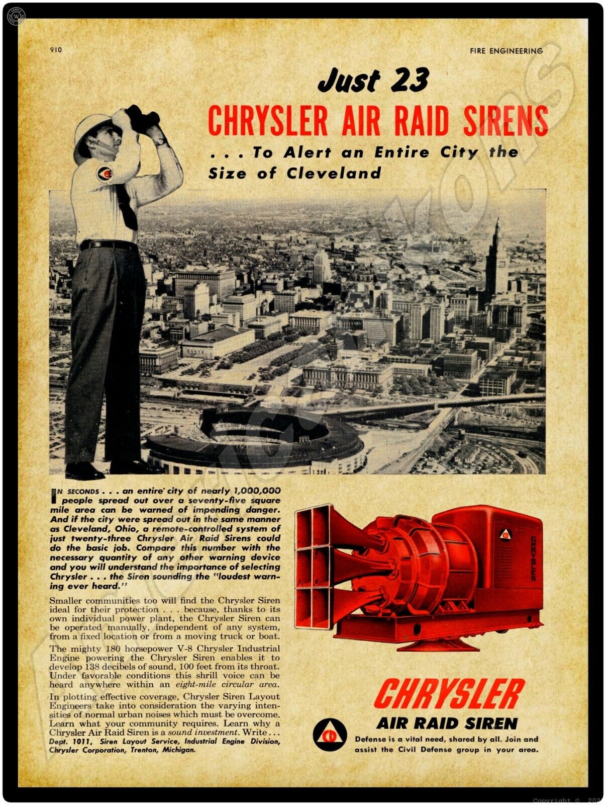1952 Chrysler Air Raid Sirens New Metal Sign: Cleveland Skyline - Large Size