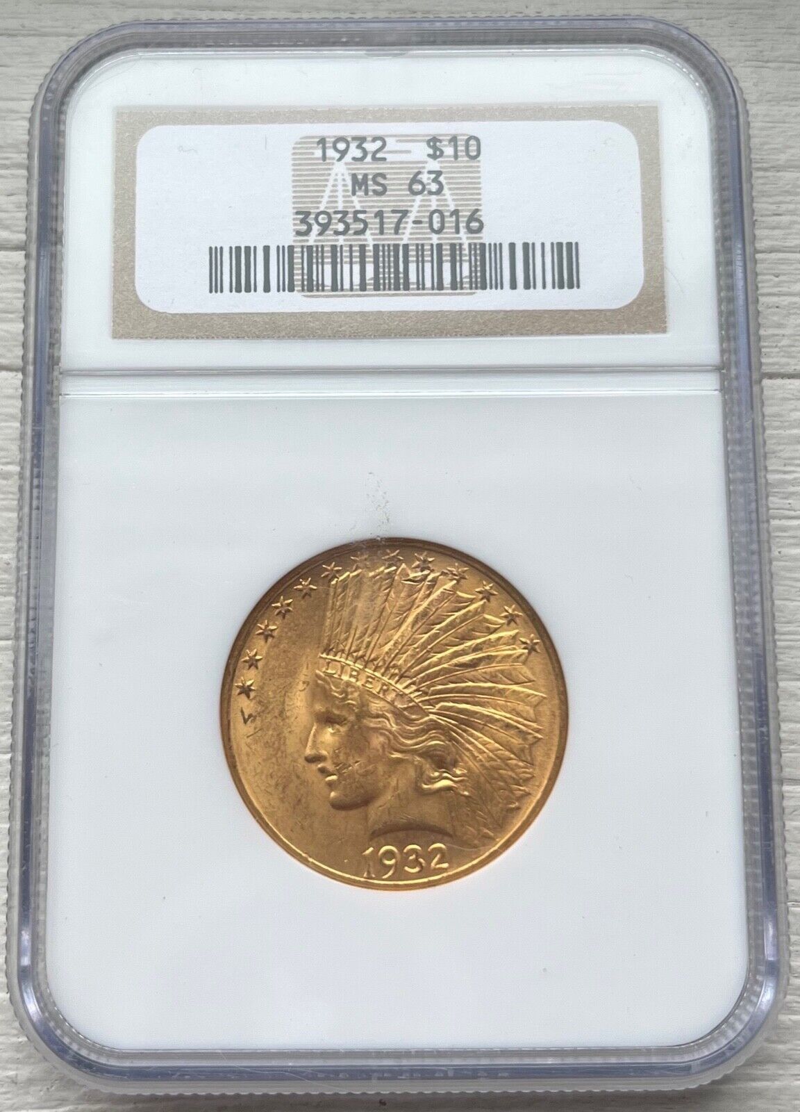 1932 $10 Ms-63 Ngc Certified Indian Head/eagle Us Gold Coin, Free Shipping