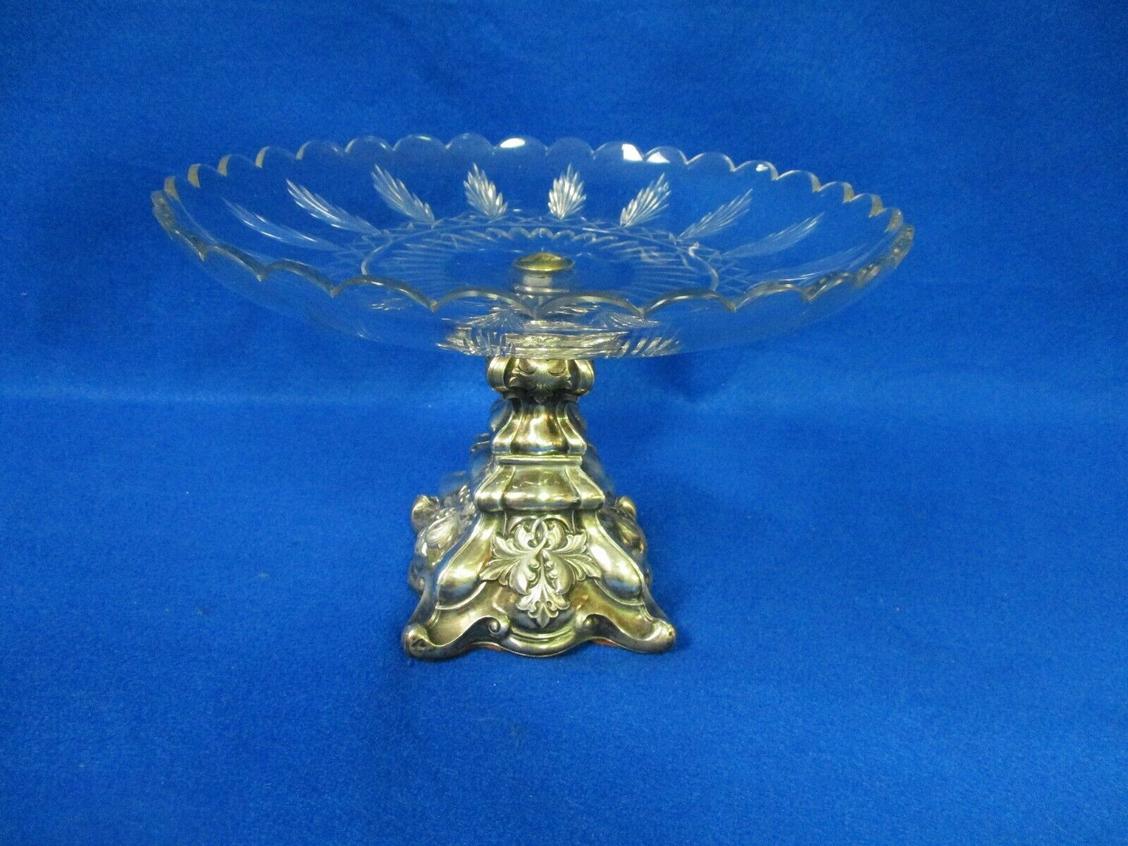 Victorian Cut Glass Repousse Silver Overlay Silverplate Dessert Cake Stand