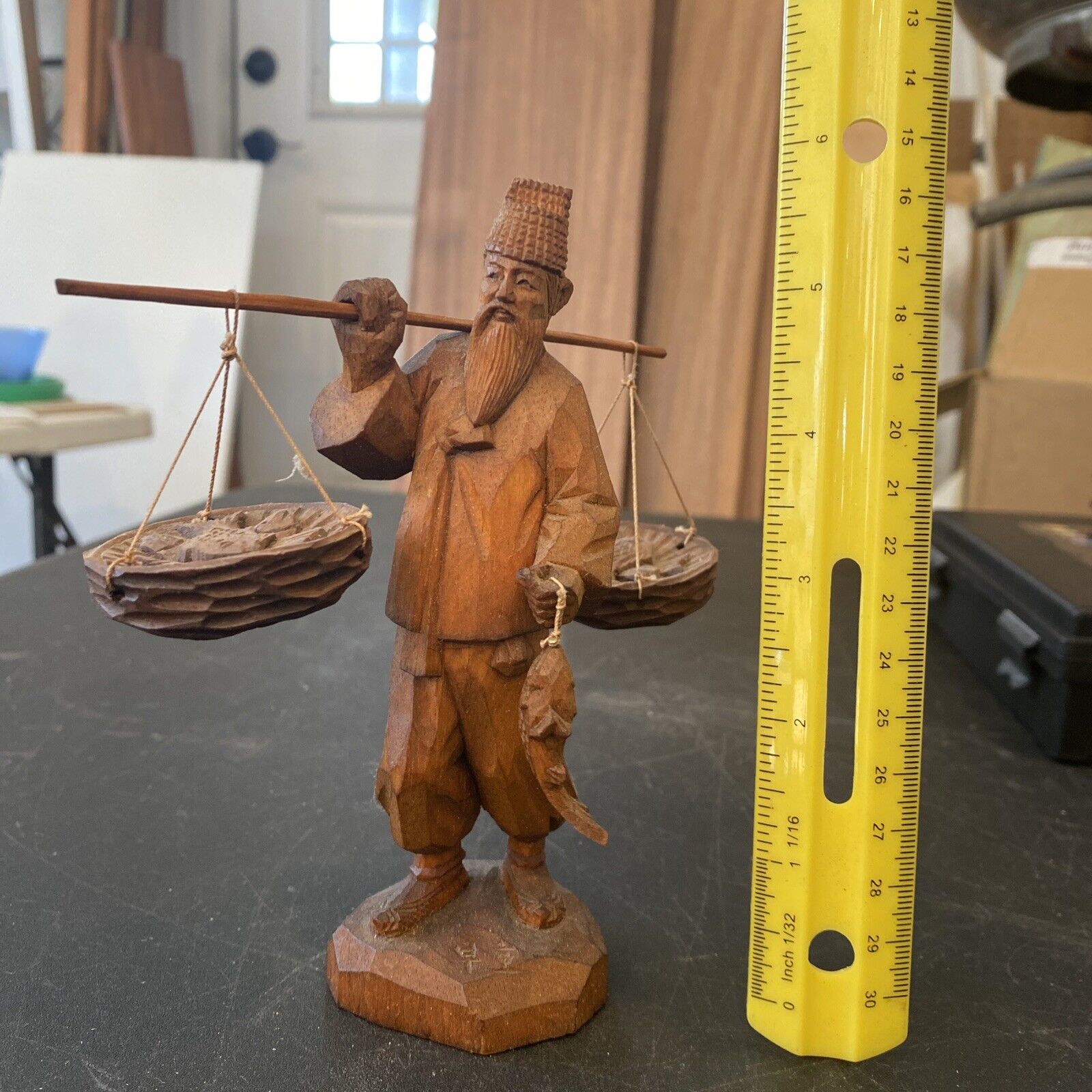 Vintage Wooden Korean Fisherman Figurine  Hand Carved By Kim Boo Ho Carving