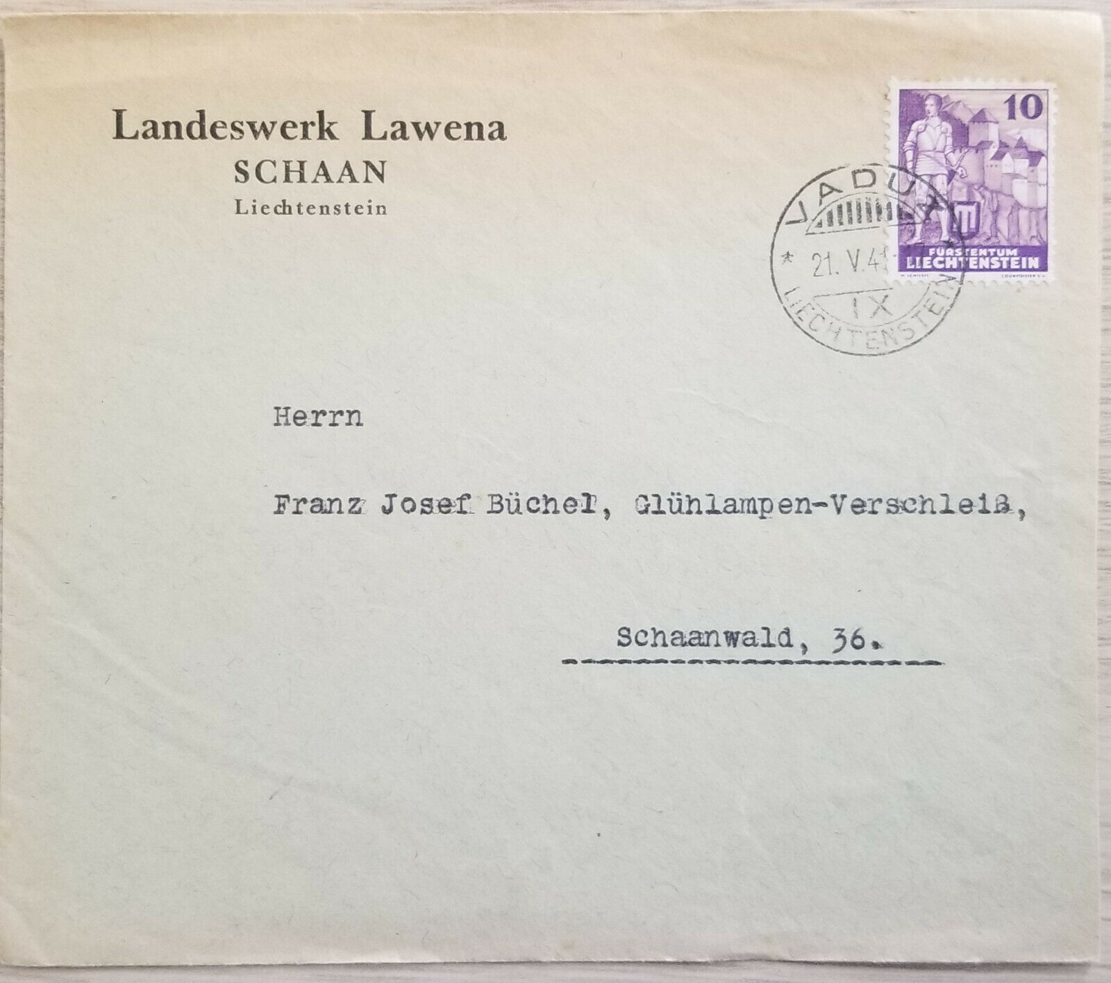J) 1941 Liechtenstein, Airmail, Circulated Cover, From Liechtenstein To Schaanwa