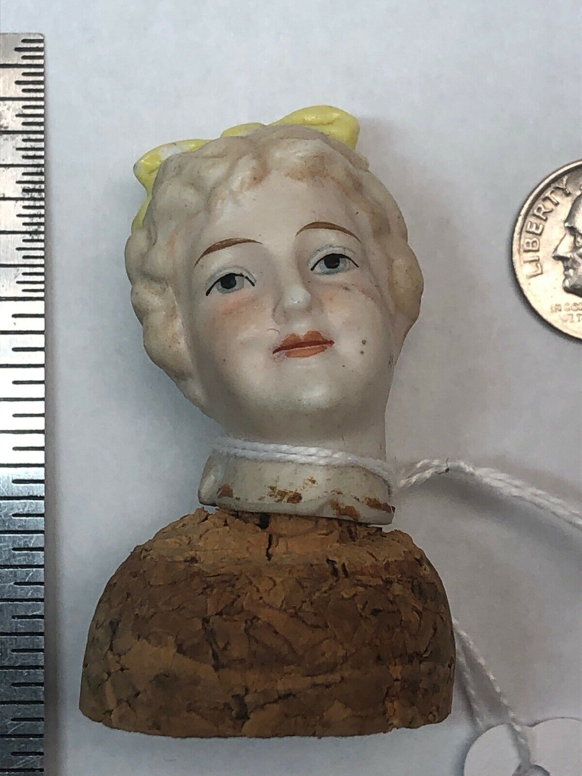 1.65” Antique German Bisque Head Blonde W/ Yellow Ribbon #cc