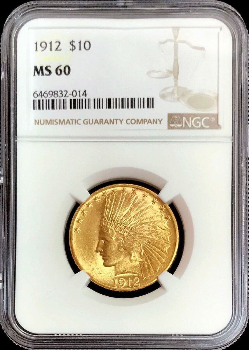 1912 Gold $10 Dollar Indian Head Eagle Coin Ngc Mint State 60