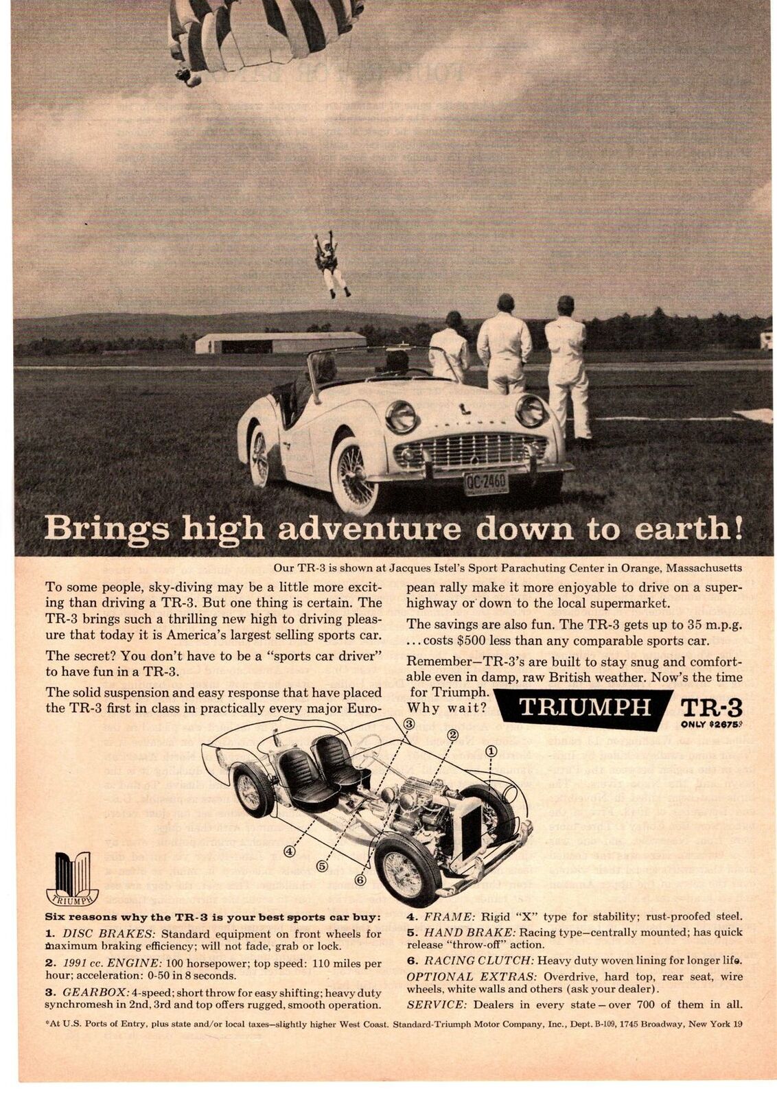 1960 Standard Triumph Tr3 Convertible Roadster Sky Diving Parachutist Print Ad