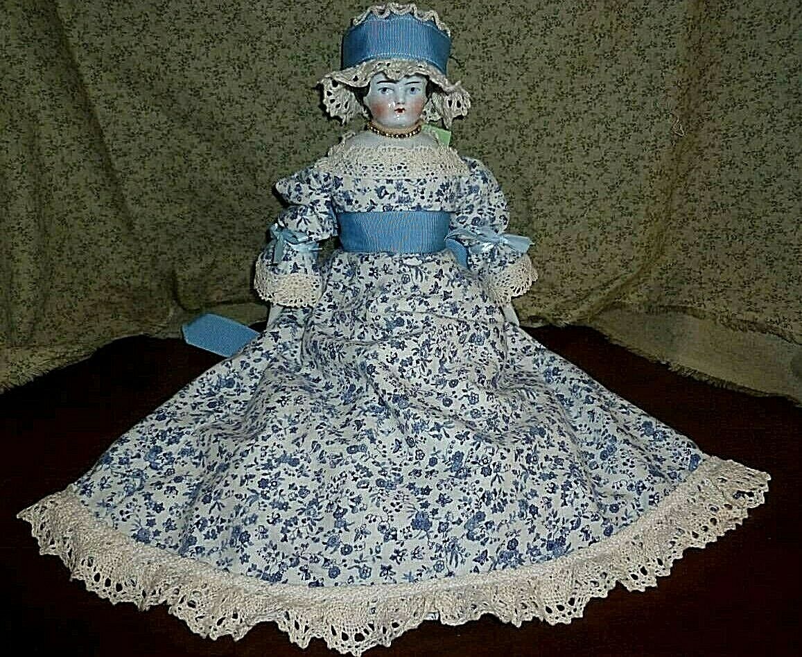 Antique German China Head Doll - 12" Low Brow, Beautiful Outfit