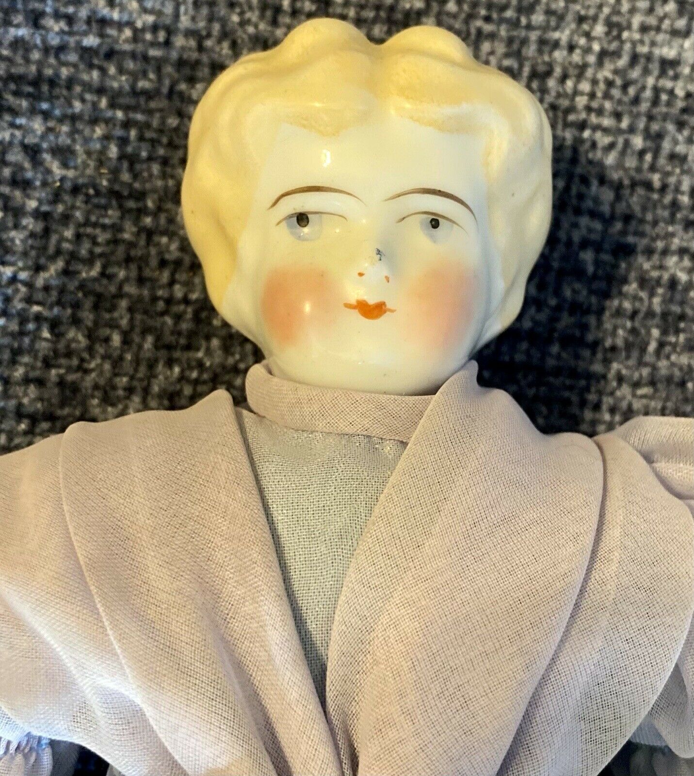 Antique German 11” C1880 Blond China Head Doll With Apple Cheeks