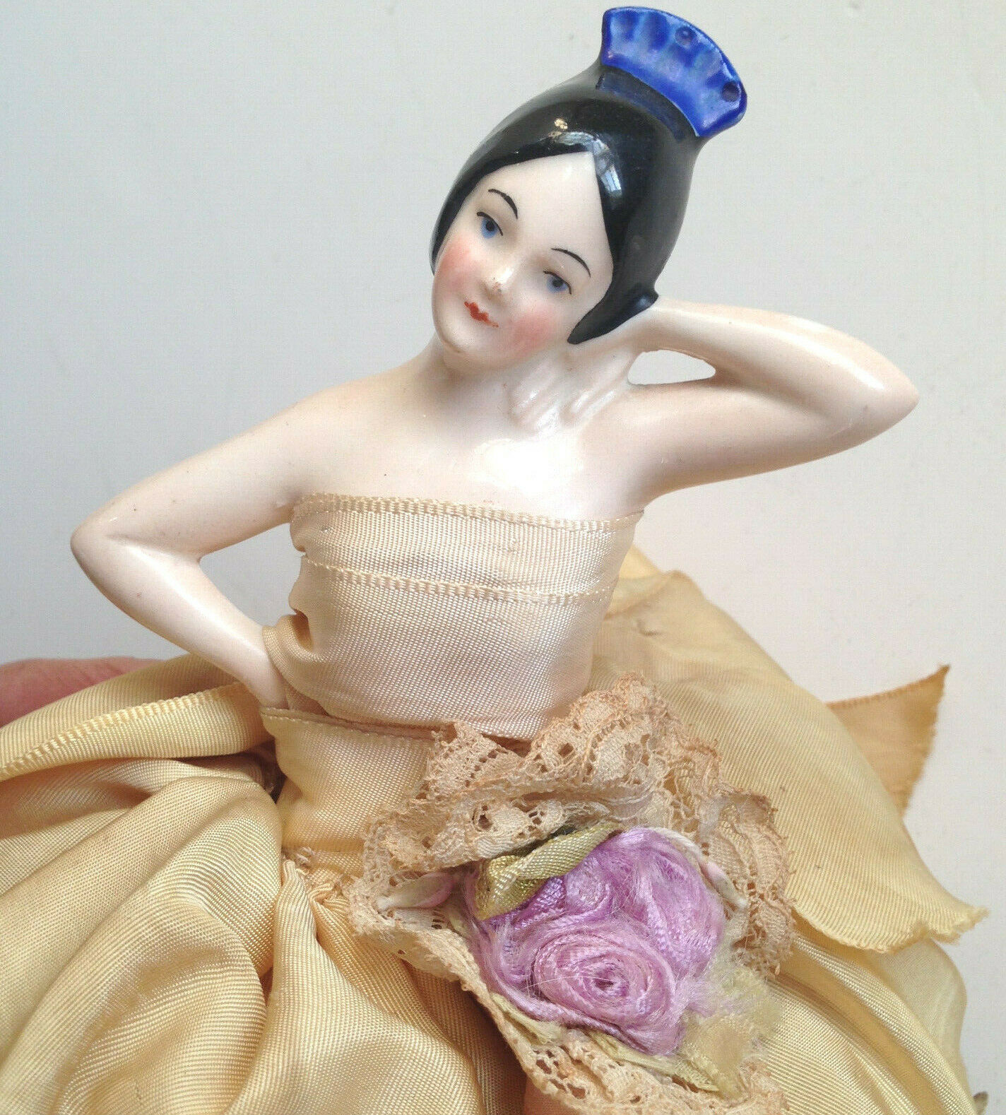 Antique Pin Cushion With Porcelain Half Doll Ribbonwork