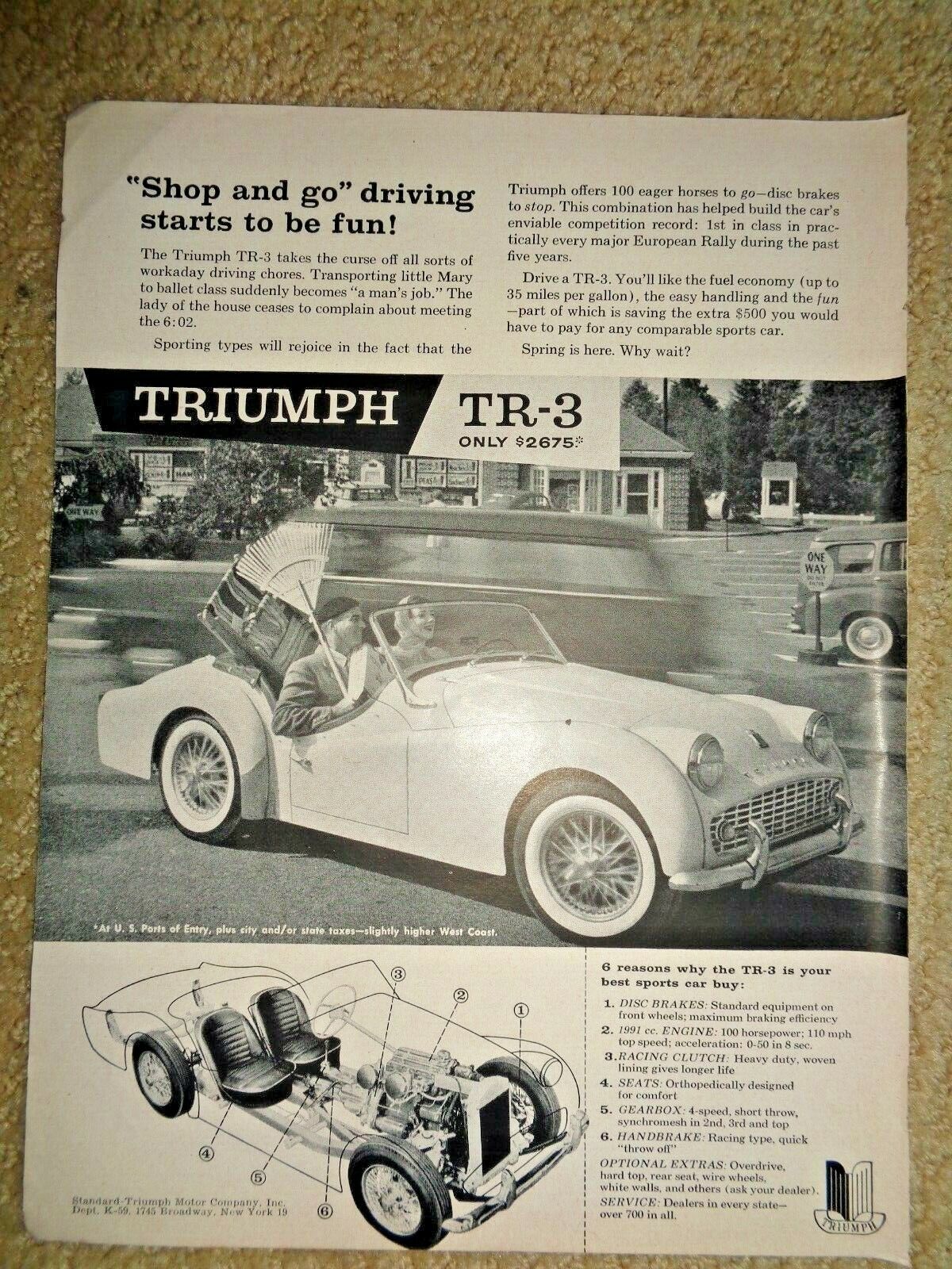 1959 Triumph Tr-3 Tr3 Car Original Vintage Print Ad White Driving Sportscar Auto