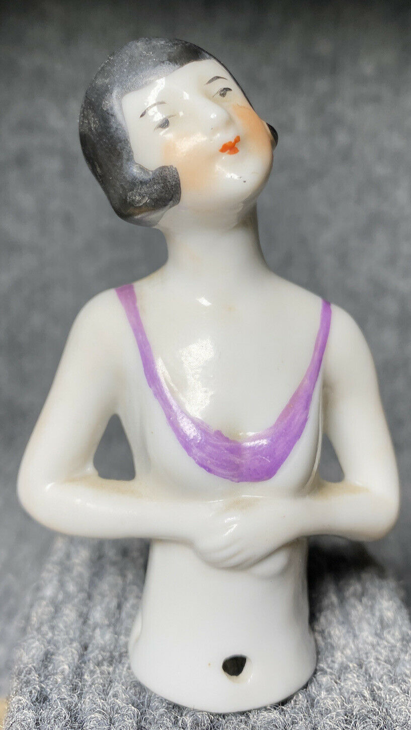 Half Doll Flapper Antique Black Hair Porcelain Pincushion Pageboy Haircut
