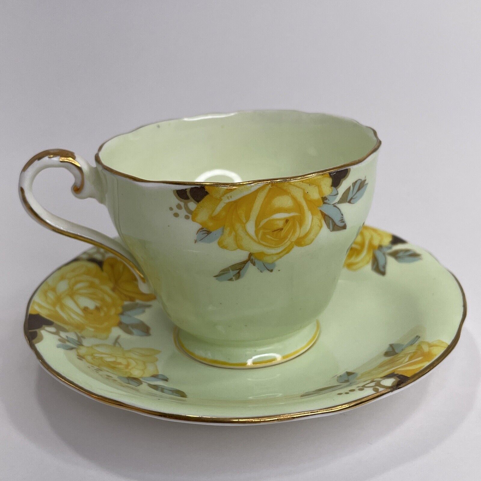 Antique 1920s 2pc Aynsley Tea Cup And Saucer Yellow Cabbage Rose Porcelain Rare!