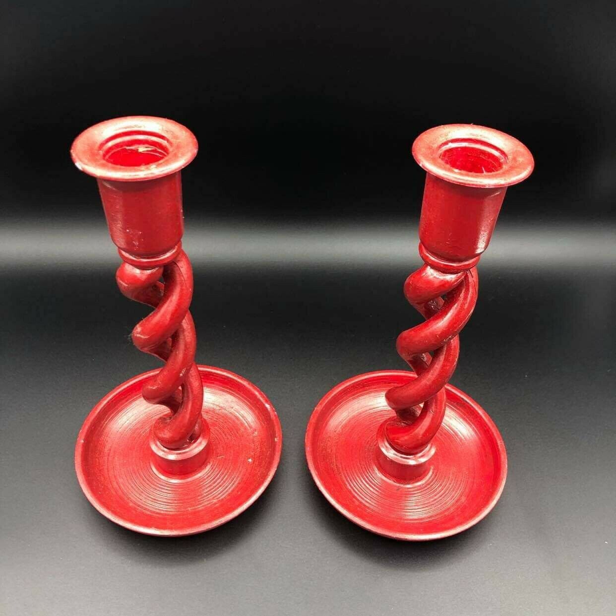 Vguc Vintage Swirled Carved Candle Holders 8.5" Red Pair Handmade Custom Italy