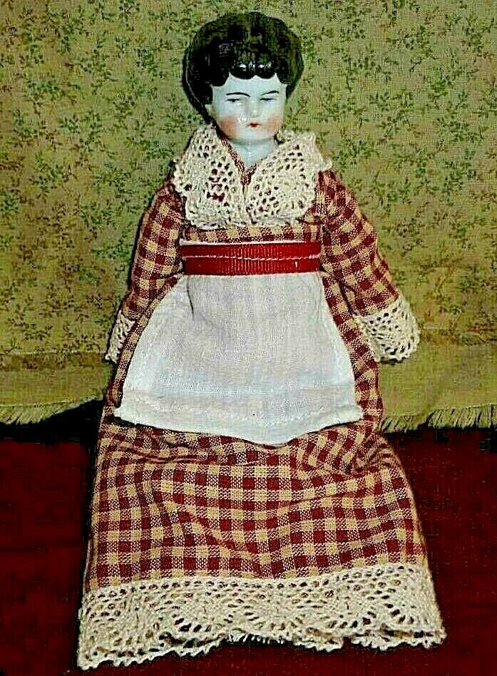 Antique German China Head Doll - Hertwig, 8" Low Brow